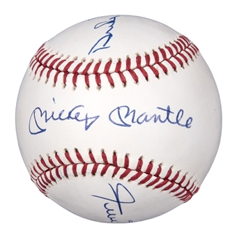 Mickey Mantle, Willie Mays, and Duke Snider Triple Signed OAL Brown Baseball (PSA/DNA)